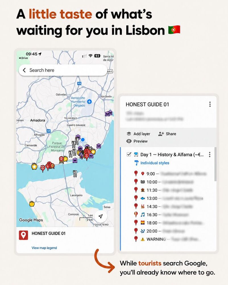 Preview of the curated Lisbon Google Map with pinned restaurants, miradouros and a day-by-day itinerary